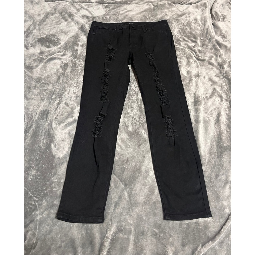 YOLO Womens Black Distressed Straight Leg Jeans Size 11/29 YG5050BK Frayed Edgy